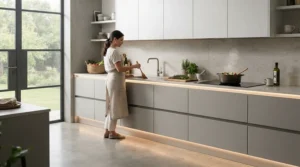 Sleek under cabinet lights kitchen design showing ambient strip lighting beneath gloss units