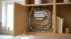Hiding the transformer for LED strip lights under cabinet kitchen inside a wall unit
