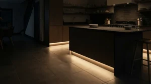 Low level smart LED strip lights kitchen fitted under floor cabinets to create a stylish floating kickboard effect