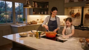 Cosy under cabinet lights kitchen setting creating a welcoming mood for evening cooking