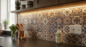 Under cabinet lighting with a warm white glow highlighting a tiled kitchen splashback