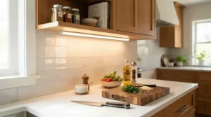 Sleek LED strip under cabinet lights kitchen illuminating a contemporary marble worktop and tiled splashback