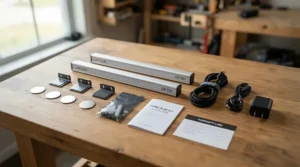 USB rechargeable under cabinet lighting kit laid out on a kitchen island before fitting
