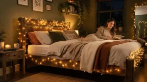 Warm white fairy lights for bedroom headboard draped in a cosy British flat