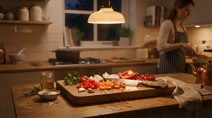 Warm white under cabinet lights kitchen creating a cosy atmosphere over a wooden worktop during evening meal prep