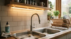Waterproof LED strip lights under cabinet kitchen installed near the washing-up basin
