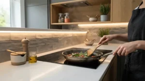 Sleek glass splashback glowing softly from wifi enabled smart LED strip lights kitchen behind modern induction hobs