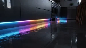 Sleek feature toe kick RGB plinth lights kitchen highlighting dark gloss floor tiles