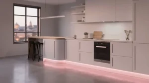 Minimalist handleless kitchen featuring subtle RGB plinth lights kitchen in soft pastel tones
