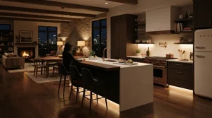Relaxing mood RGB plinth lights kitchen creating a warm atmosphere for evening entertaining