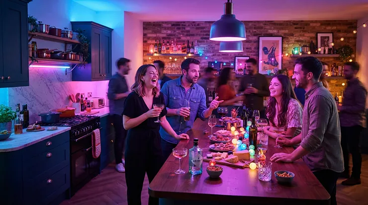 Dynamic party mode RGB plinth lights kitchen illuminating a social gathering space