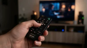 Hand holding a wireless remote control to adjust RGB plinth lights kitchen brightness